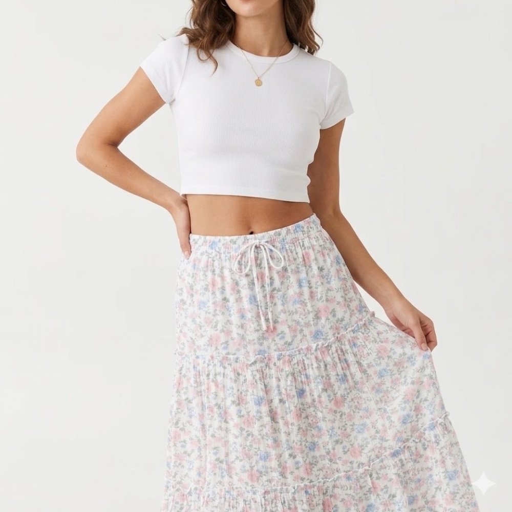 Celebrity Pink Floral Tiered Maxi Skirt - White with Pink & Blue - Picture 3 of 16